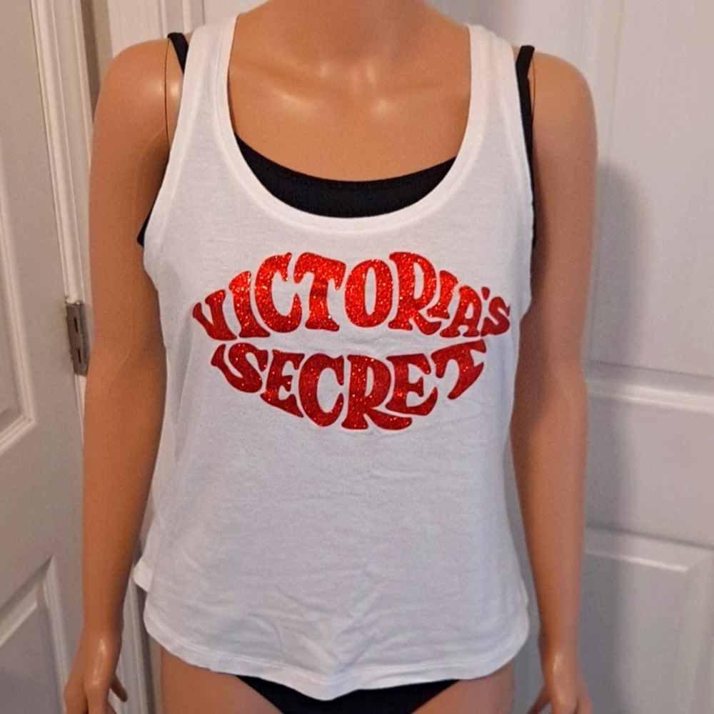 Victoria's Secret White Racerback Tank Top with Red Glitter Lip